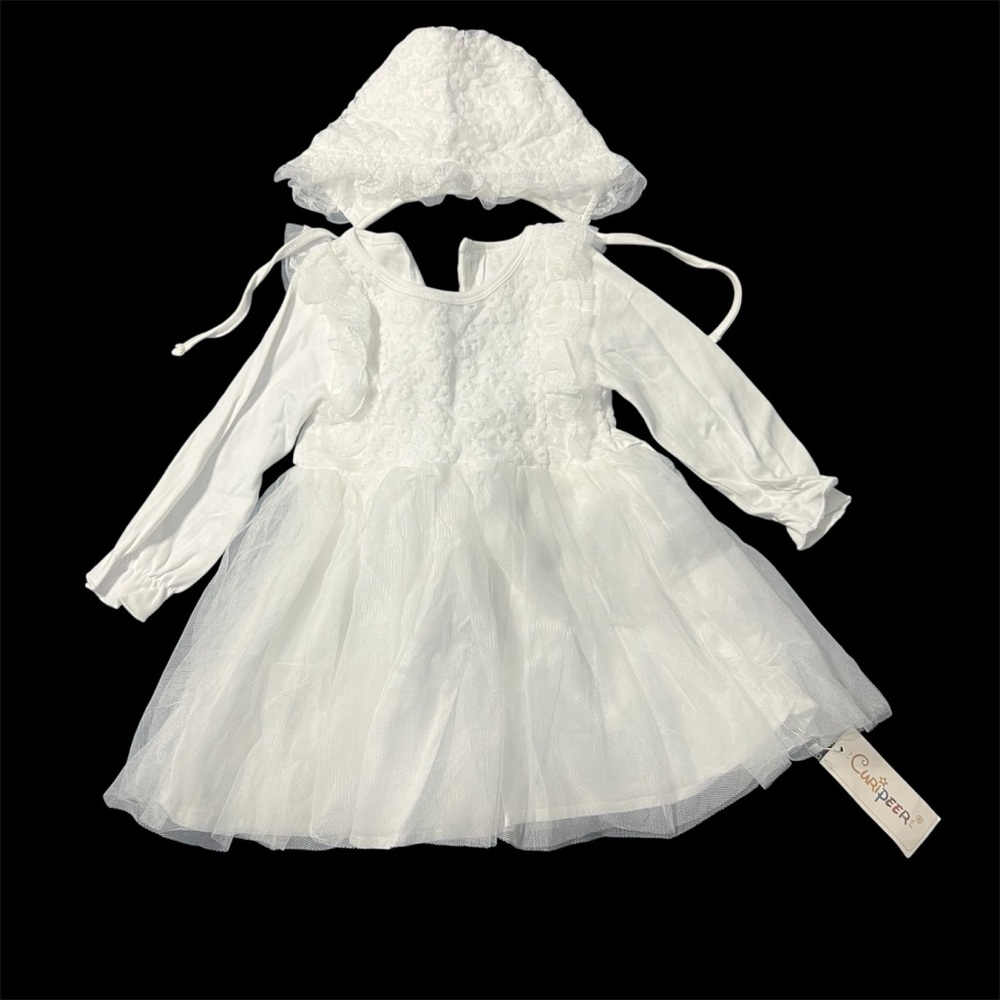 Curipeer White Baby Dress with Bonnet Size 6-12 Months